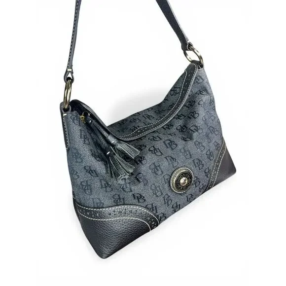 Vintage Dooney & Bourke Signature Monogram Hobo Bag Black Navy Blue / Gray - Picture 4 of 13